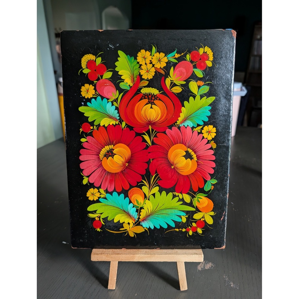 USSR Hand Painted Wood Plaque Easel Floral Wall Art Folk Decor Khokhloma Lacquer